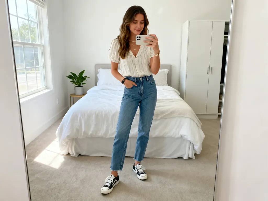 Stylowa młoda kobieta robi mirror selfie, prezentując swoje OOTD: top, jeansy, sneakersy i proste dodatki w jasnej sypialni.