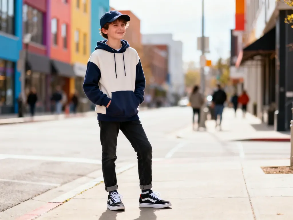 Młoda osoba w modnym streetwearze pewnie stoi na miejskim chodniku, pokazując swój swag i luźny, nowoczesny styl.