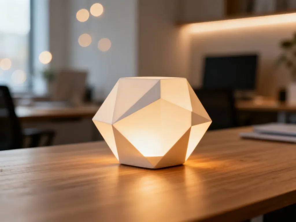 Nowoczesny, geometryczny obiekt świecący na drewnianym biurku, symbolizujący innowacyjną technologię Gringle.