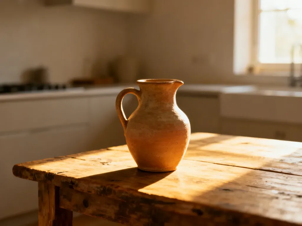 Rustykalny ceramiczny dzban na drewnianym stole w słonecznej kuchni.