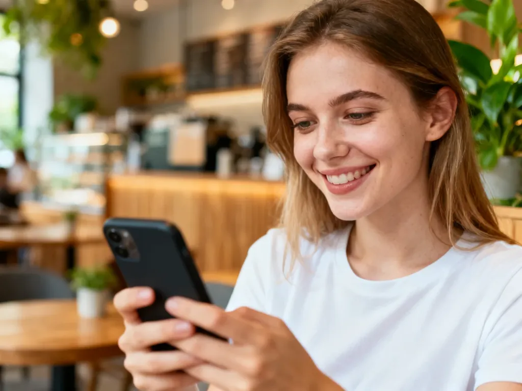 Uśmiechnięta młoda kobieta przeglądająca telefon w kawiarni, ilustrująca swobodną komunikację w mediach społecznościowych.