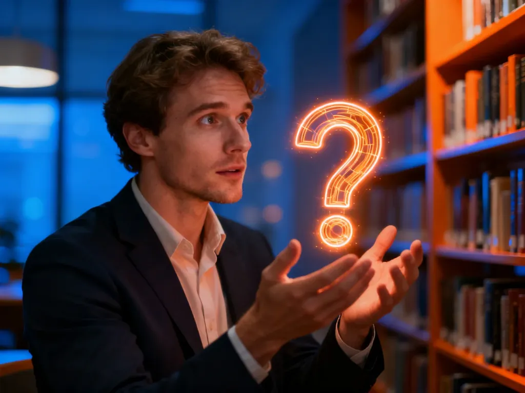 Mężczyzna w bibliotece wpatruje się w unoszący się w jego dłoniach świecący znak zapytania, symbolizujący poszukiwanie wiedzy.