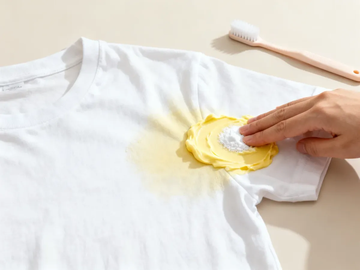 Baking soda paste applied to a yellow sweat stain on a white shirt