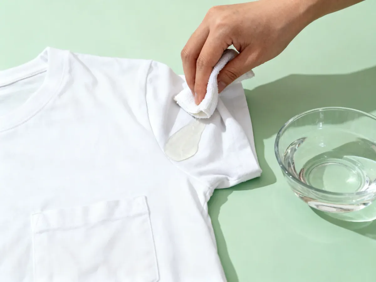 Diluted vinegar being applied to a sweat stain on a white shirt