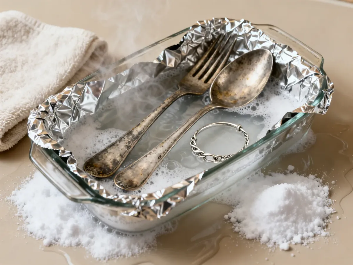 Czyszczenie zaśniedziałego srebra w naczyniu wyłożonym folią aluminiową i sodą