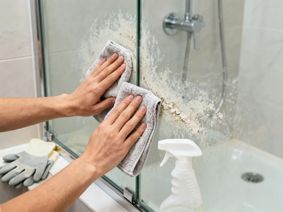 Czyszczenie starego kamienia z szyby kabiny miękką mikrofibrą